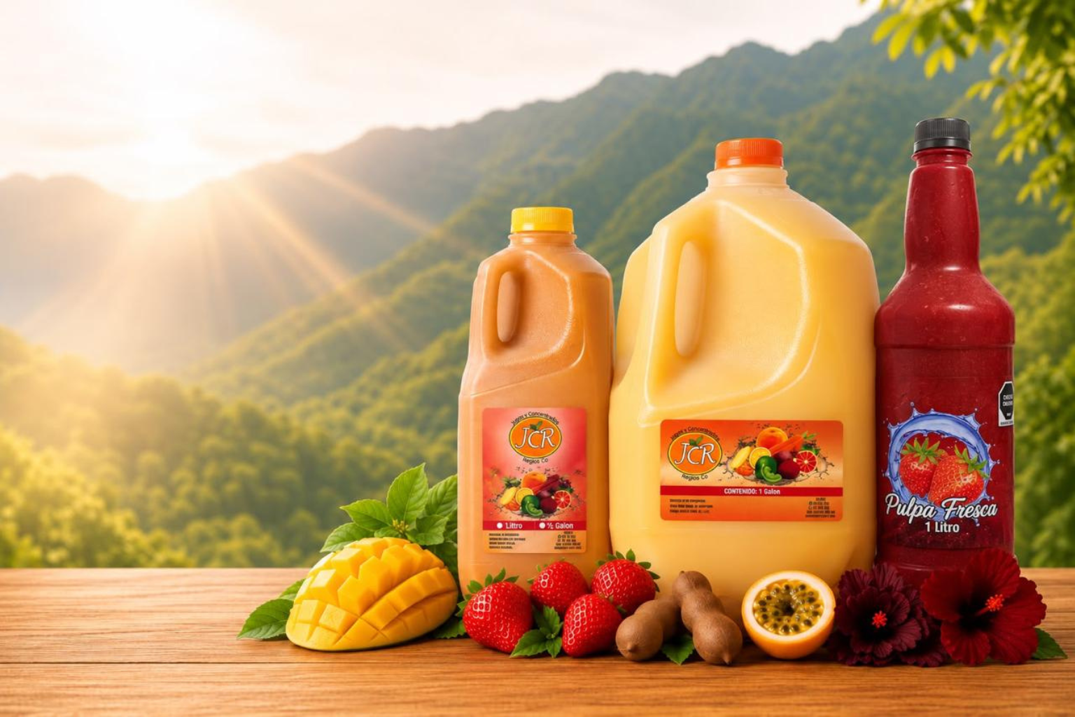 Jugos, concentrados y pulpa JCR en un paisaje natural